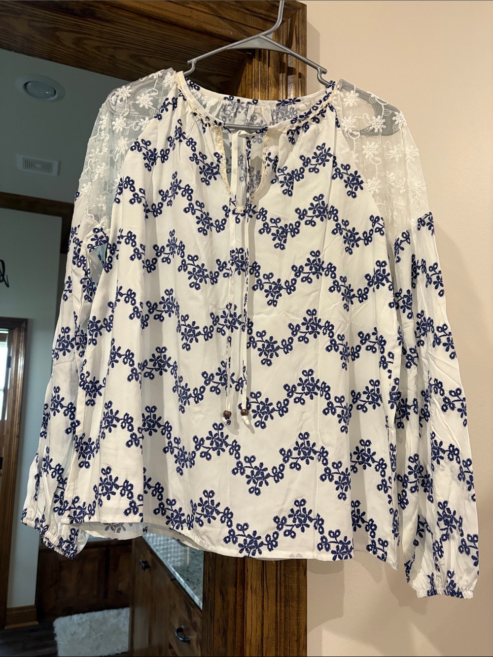 Women's White Lace-Yoke Peasant Top with Blue Embroidery
